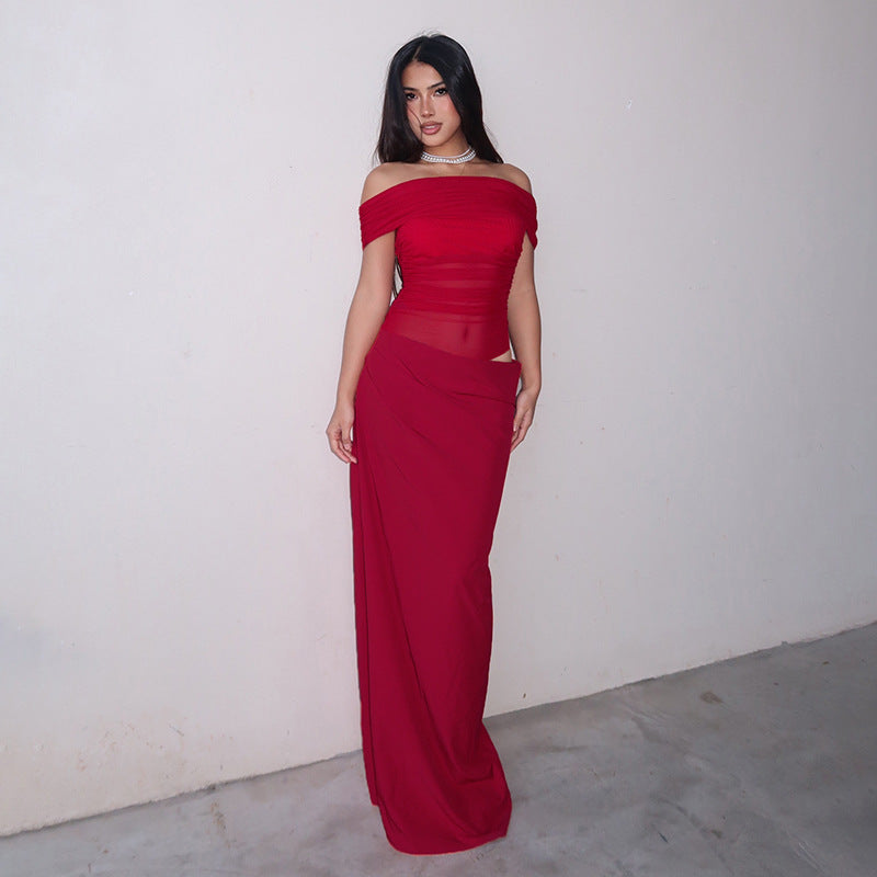 Vestido largo de malla con hombros descubiertos Maisy