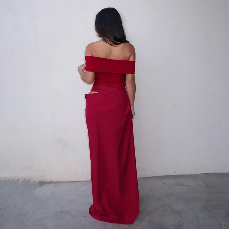 Vestido largo de malla con hombros descubiertos Maisy
