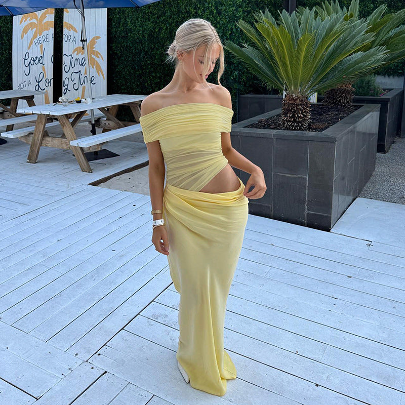 Vestido largo de malla con hombros descubiertos Maisy