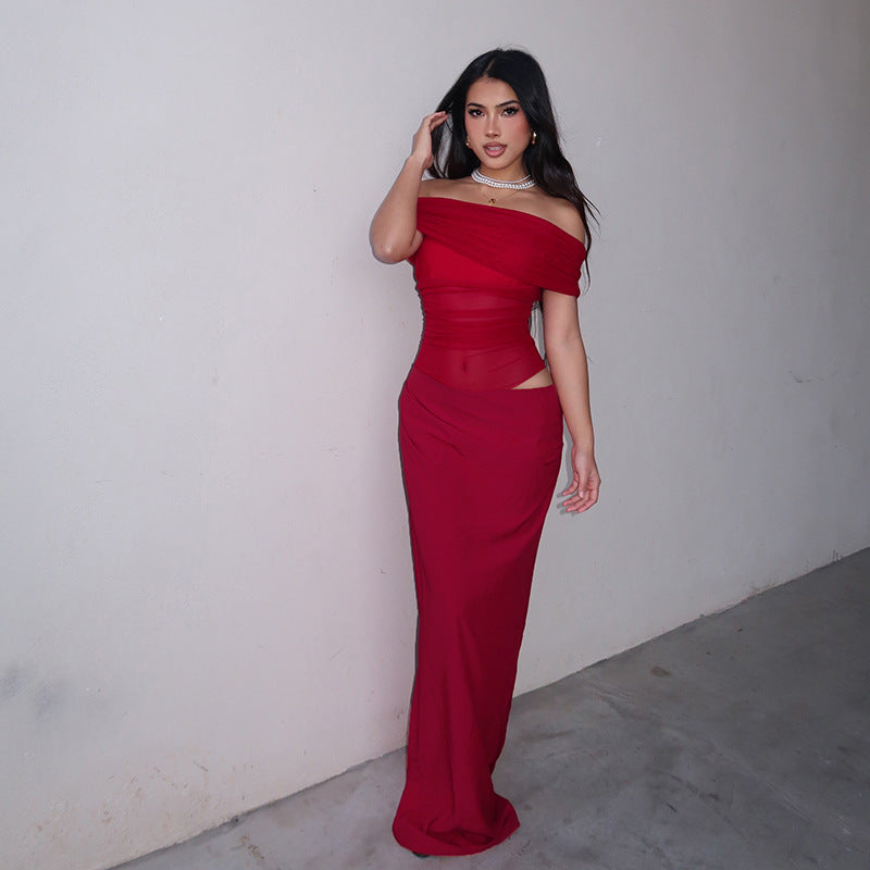 Vestido largo de malla con hombros descubiertos Maisy
