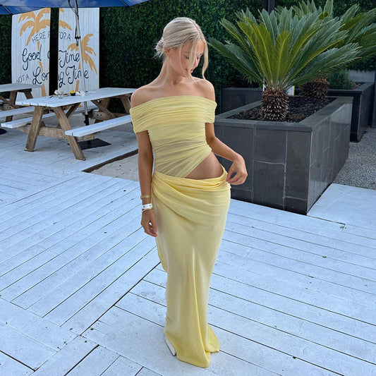 Vestido largo de malla con hombros descubiertos Maisy